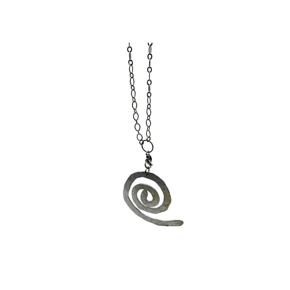 Spiral Pendant Necklace Silver Tone Hammered Metal Artisan Style